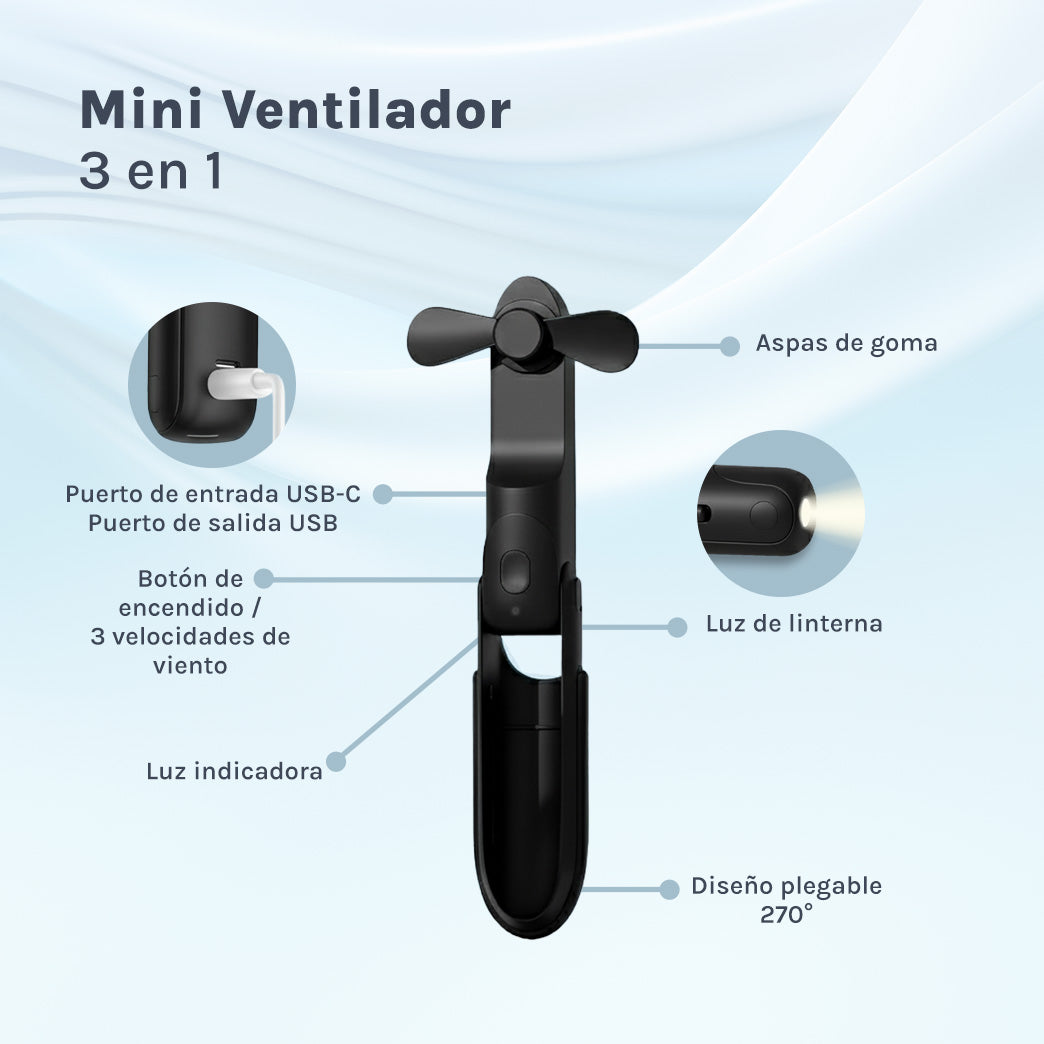 Mini Ventilador Recargable 3 en 1 Negro Ozu