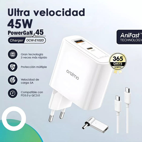 Kit de Cargador de Pared Powergan 45W + Cable USB-C 1m Oraimo